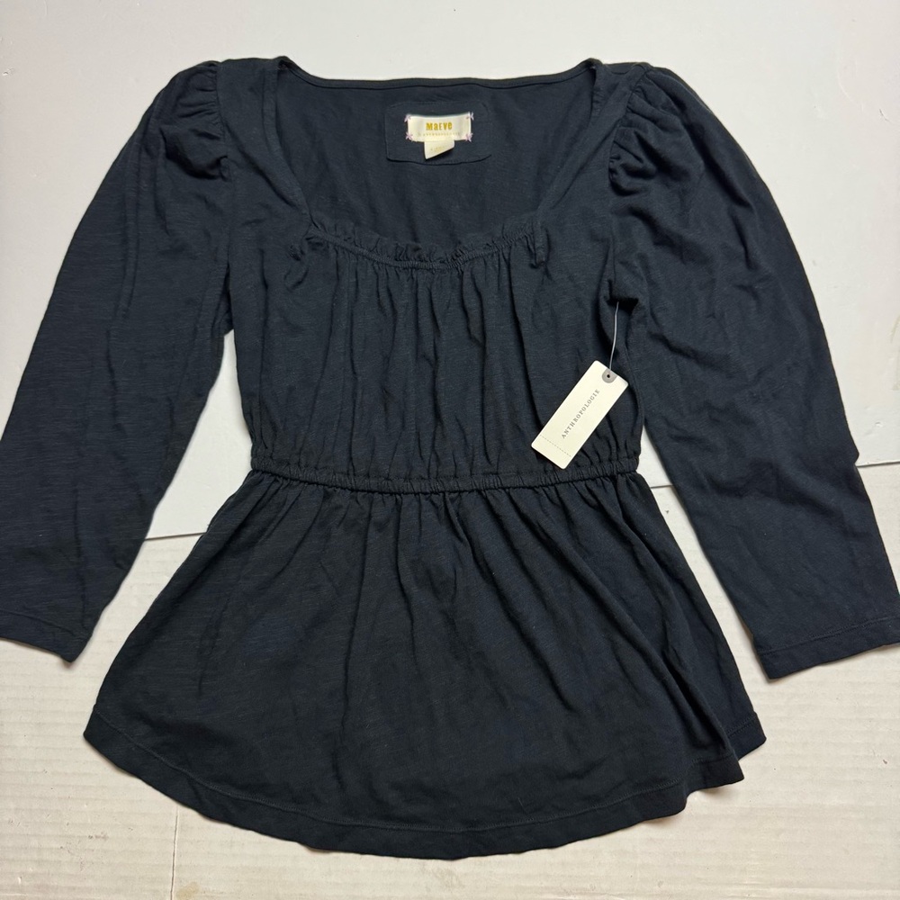 Maeve by Anthropologie Square Neck 3/4 Sleeve Pleated Top Cinched Waist Black XS